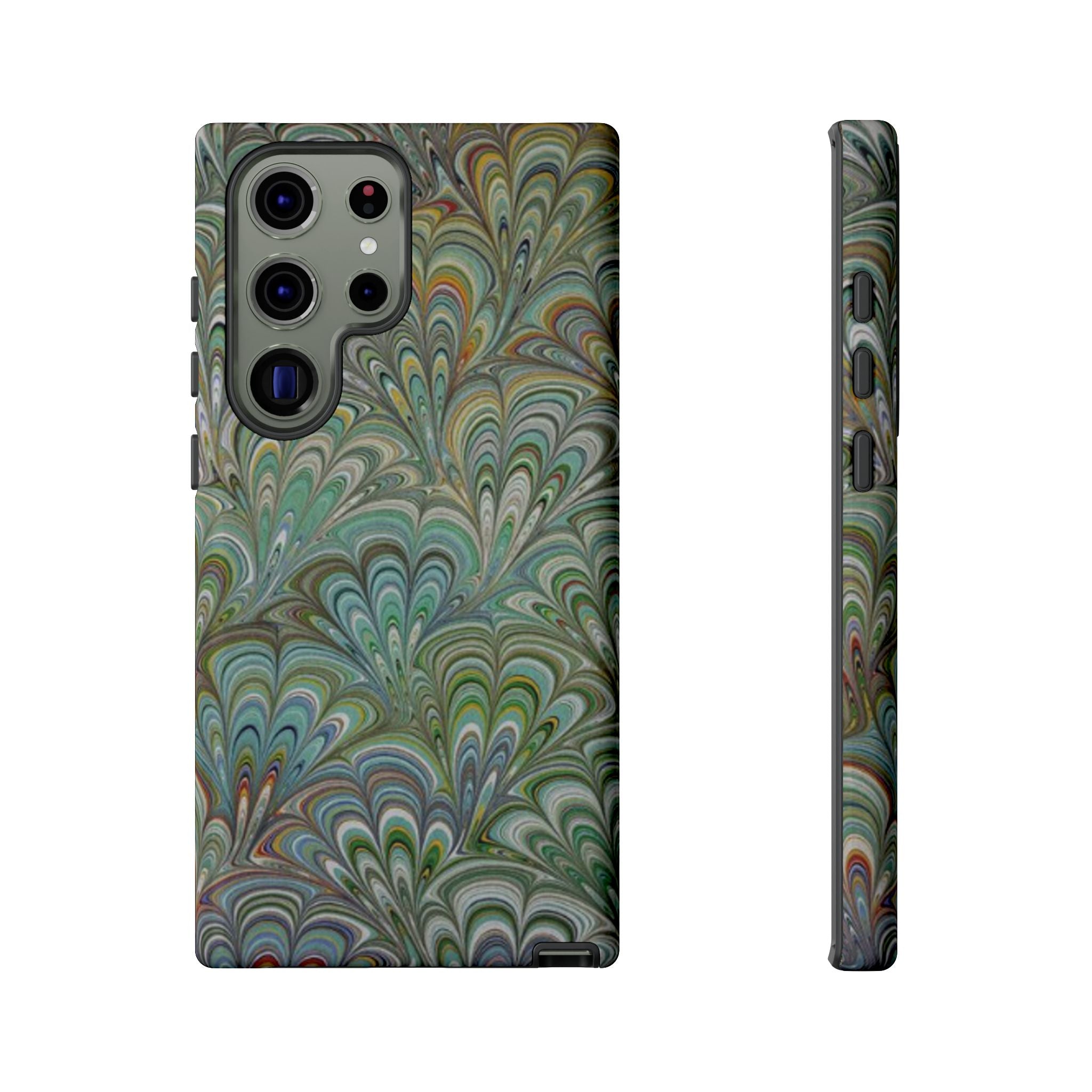 Green Marbled Peacock Durable Phone Case - Olive Green and Brown - Matte or Glossy