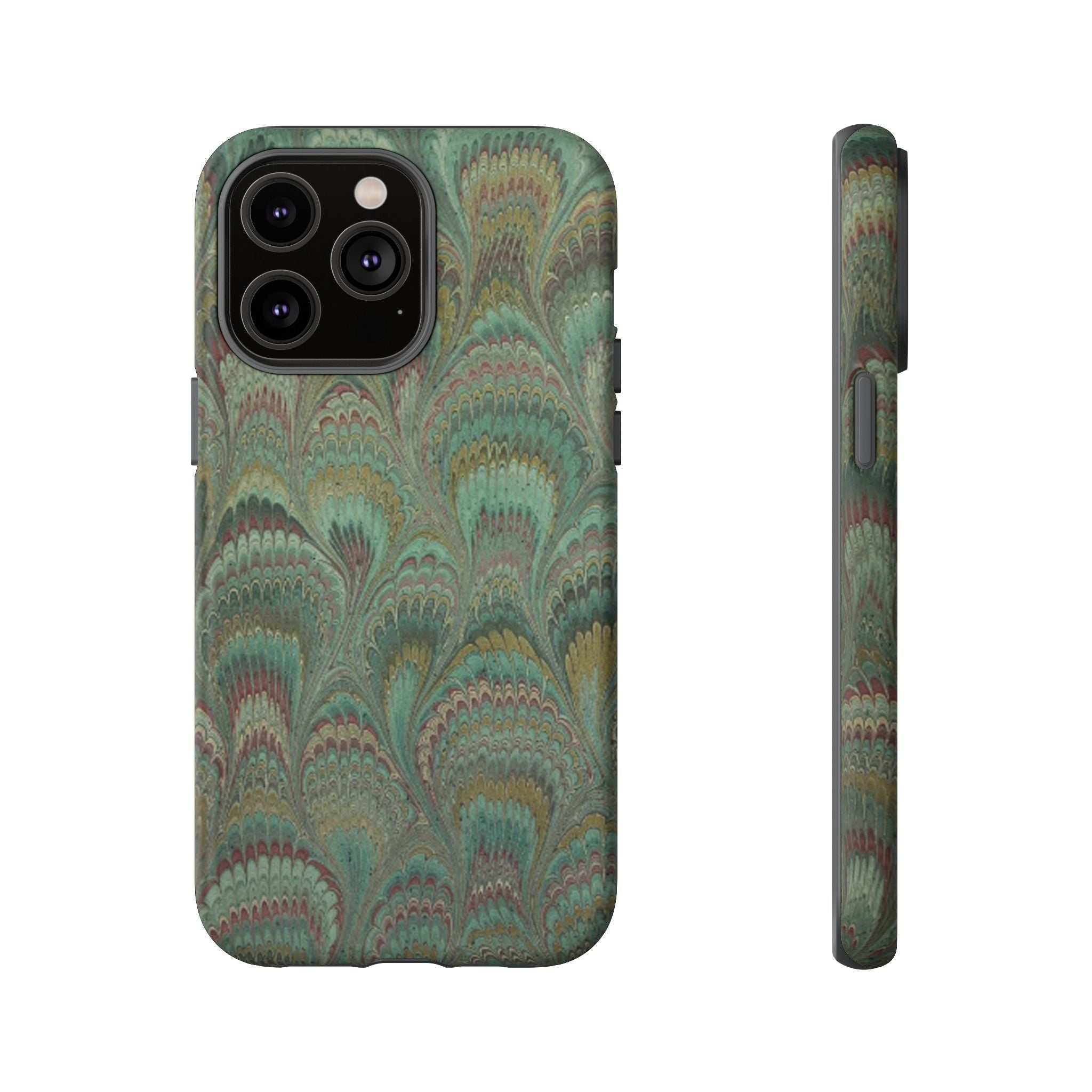 Marbled Peacock Durable Phone Case - Olive Green and Brown - Matte or Glossy