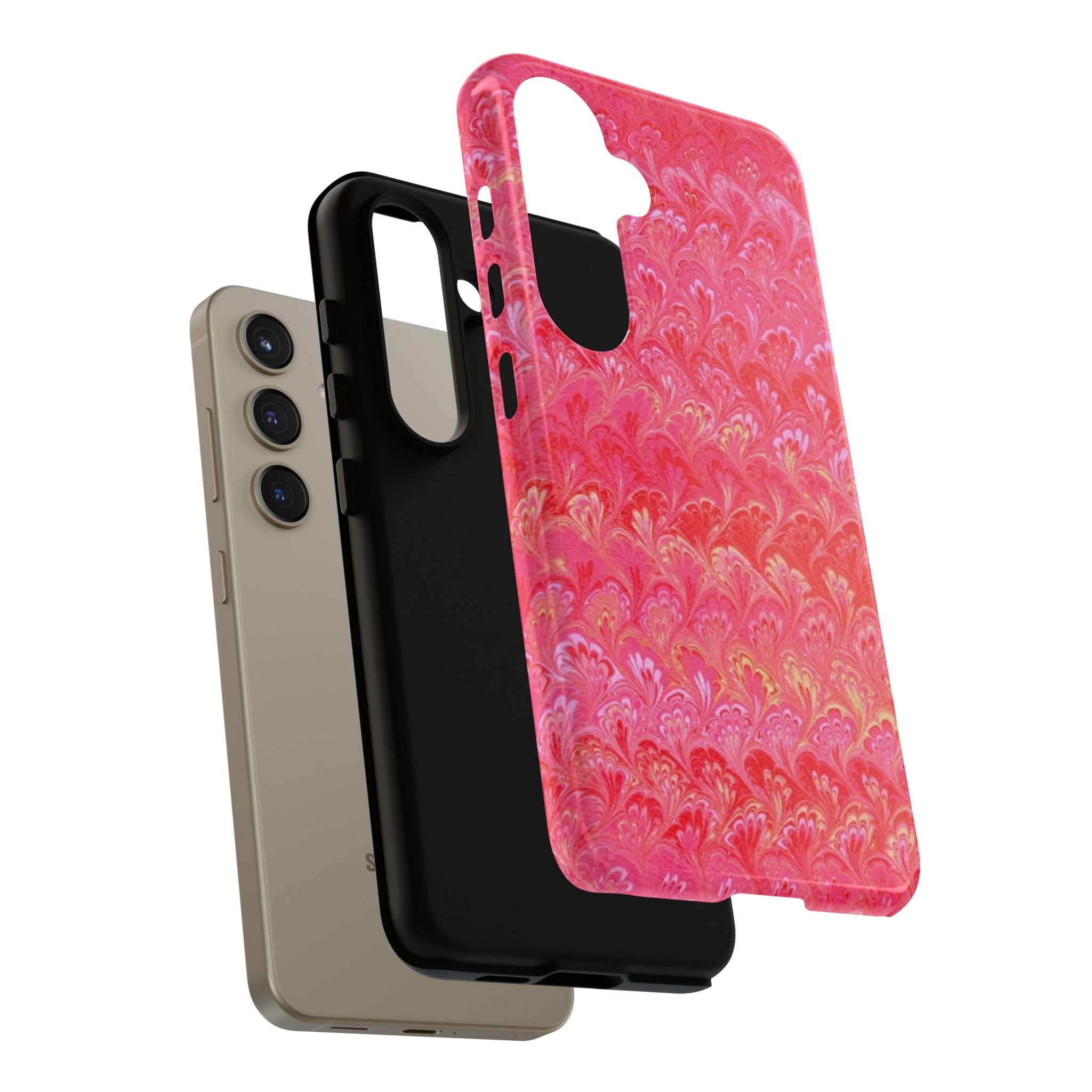 Pink and Gold Marbled Peacock Durable Phone Case - Olive Green and Brown - Matte or Glossy