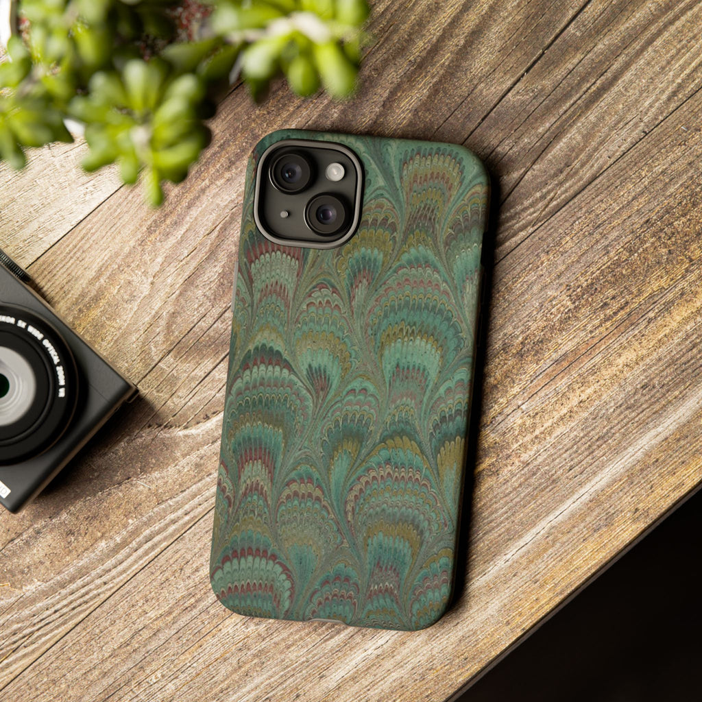 Marbled Peacock Durable Phone Case - Olive Green and Brown - Matte or Glossy