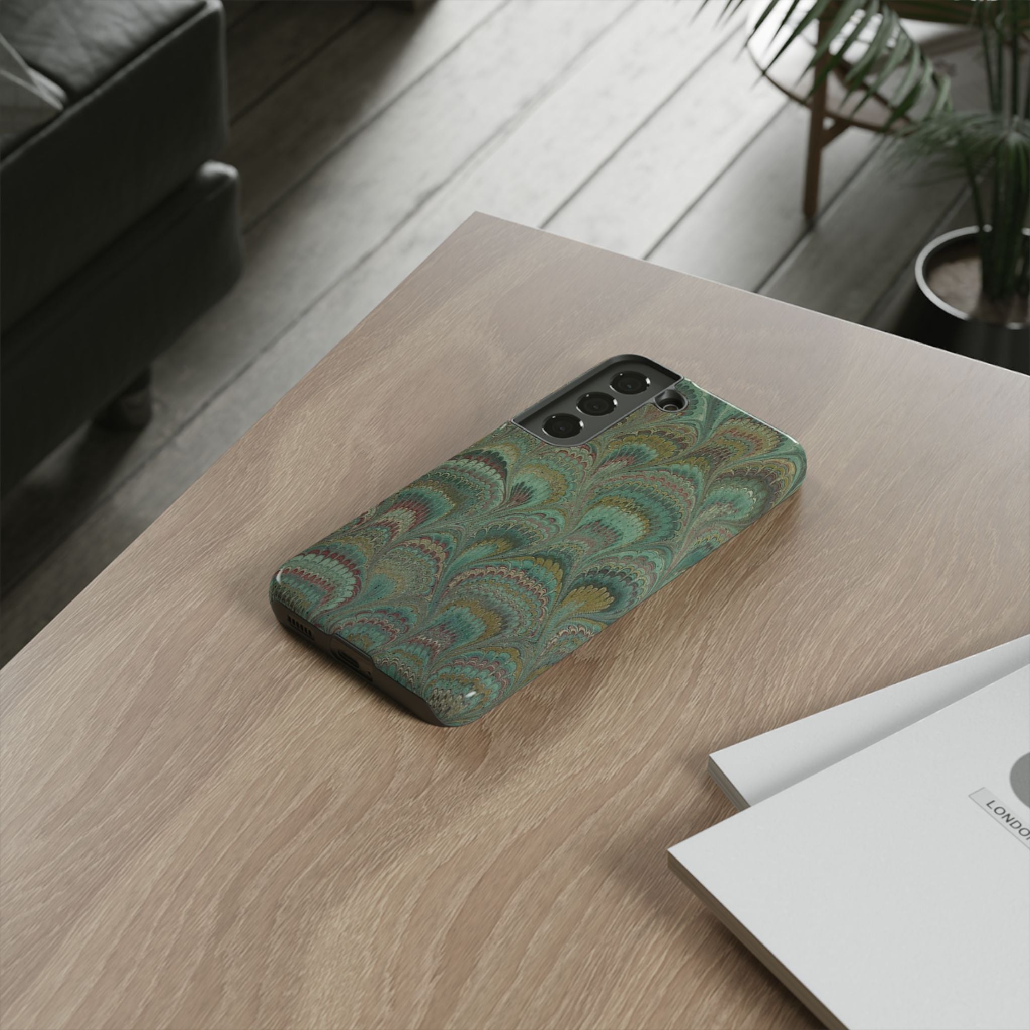 Marbled Peacock Durable Phone Case - Olive Green and Brown - Matte or Glossy