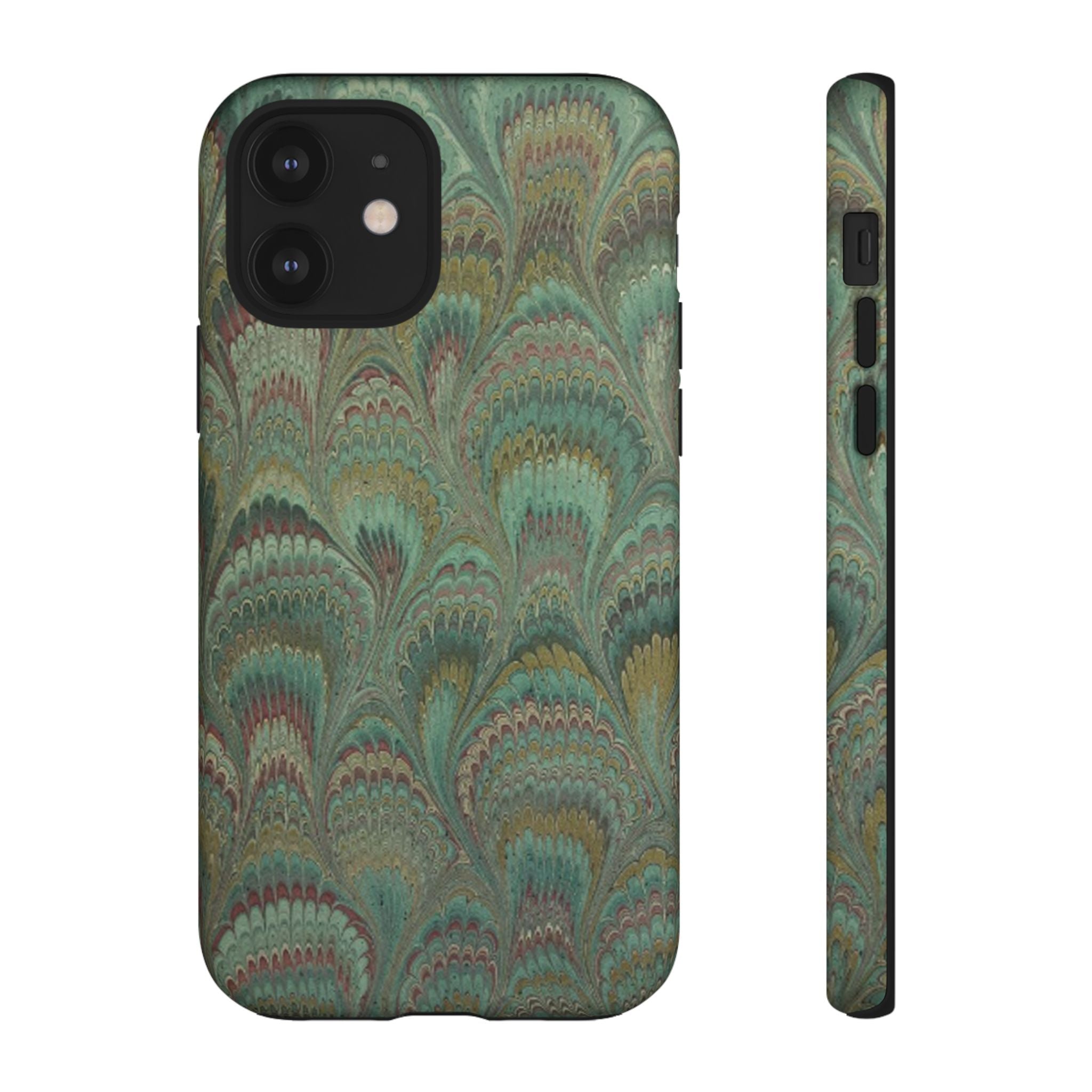 Marbled Peacock Durable Phone Case - Olive Green and Brown - Matte or Glossy