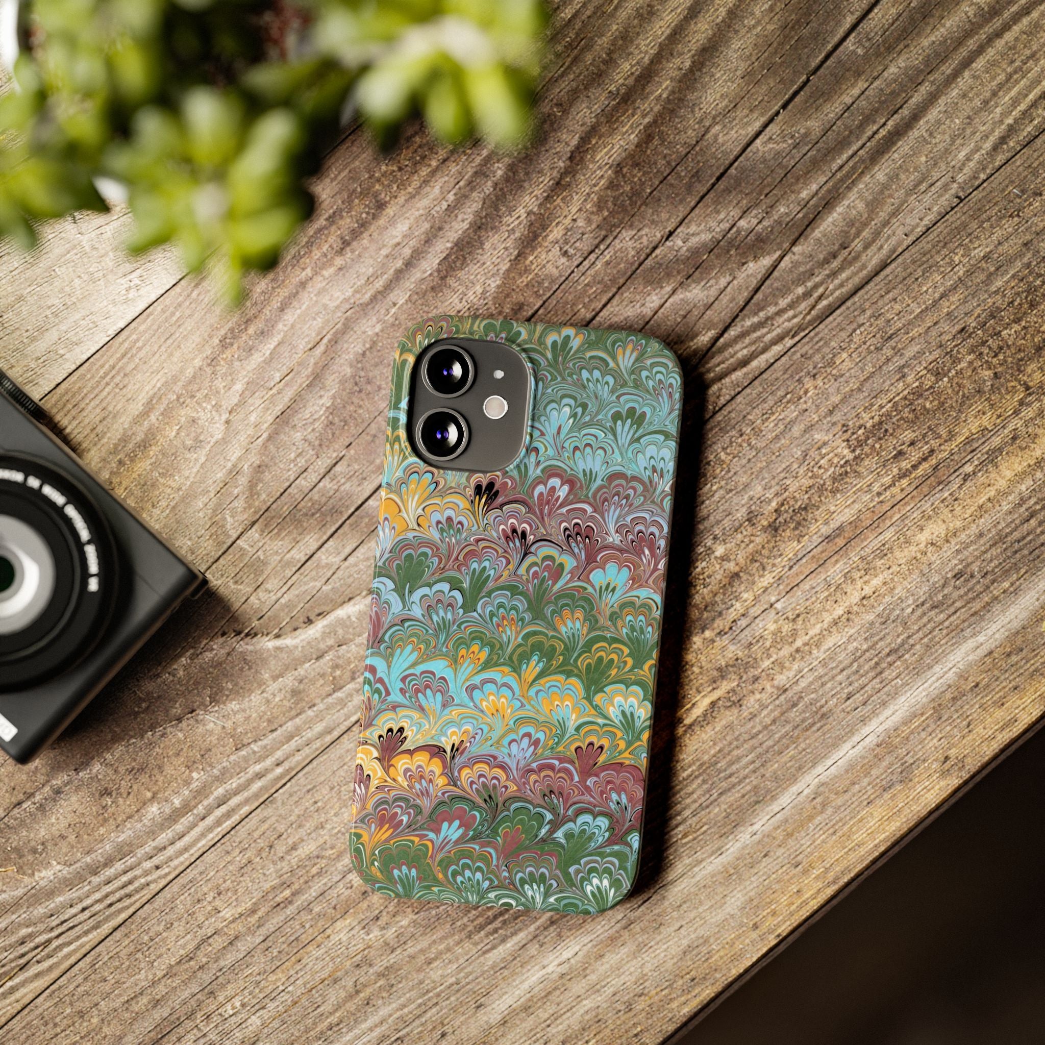 Phone Case with Design from Italy - Marbled "Peacock" Design, Green, Blue, Multi-Color Slim Phone Cases