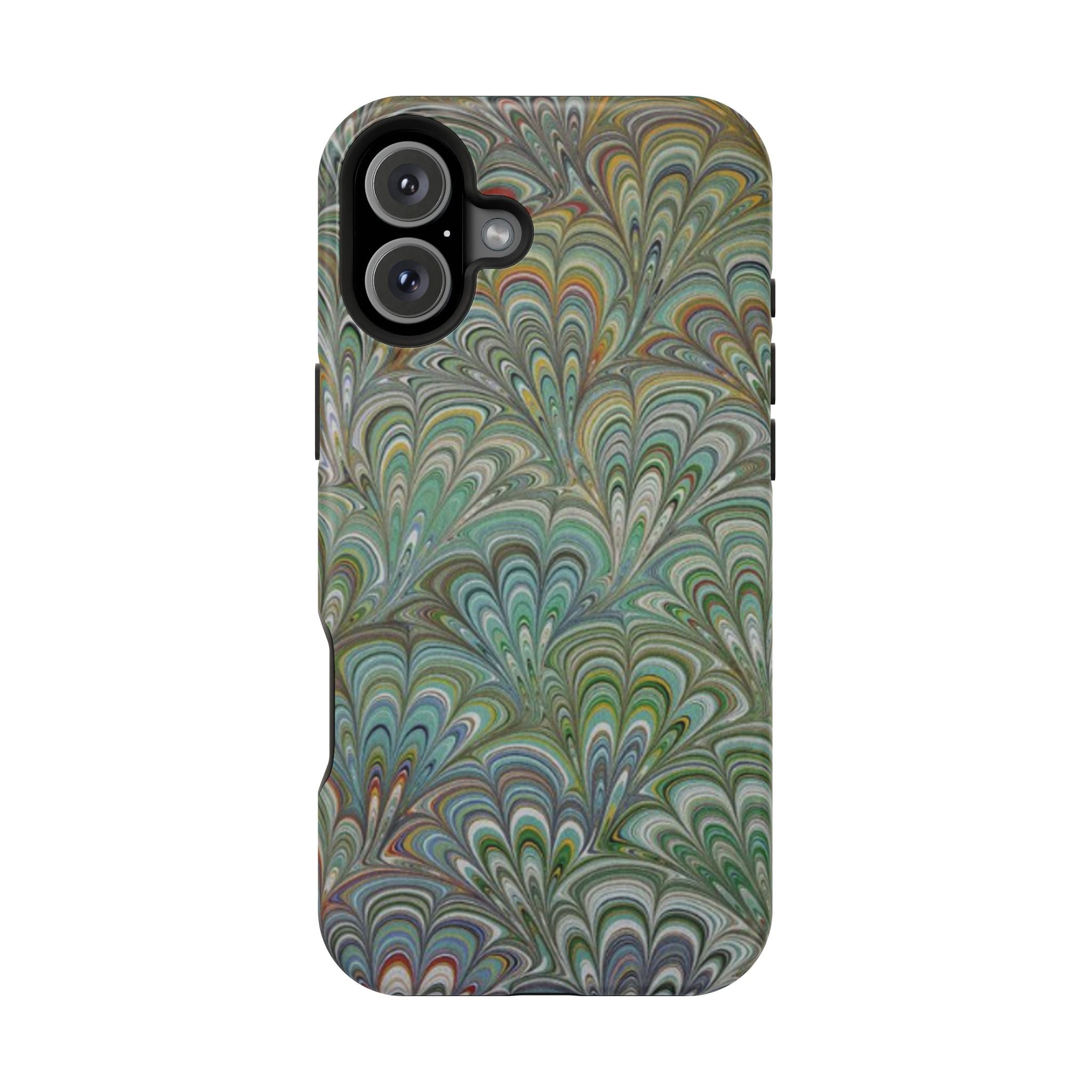 iPhone17 + All Models Phone Cases, Italian Peacock Feather Design, Stylish Impact-Resistant Shell, Protective Cover, Green Peacock Print