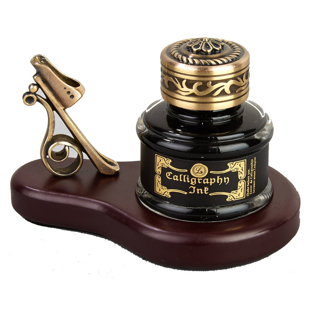 Glass Dip Pen and Pen Stand Desk Set – Oval Wood Stand with Bronze Holder, Glass Inkwell, and Shimmering Glass Pen