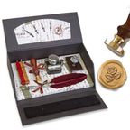Quill Pen Writing Set Desk Box with Wax Seal Stamp, Sealing Wax, Inkwell with Holder, Blotter, Nibs and Burgundy Feather Quill