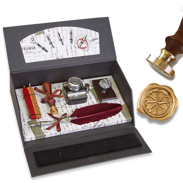 Quill Pen Writing Set Desk Box with Wax Seal Stamp, Sealing Wax, Inkwell with Holder, Blotter, Nibs and Burgundy Feather Quill