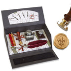 Quill Pen Writing Set Desk Box with Wax Seal Stamp, Sealing Wax, Inkwell with Holder, Blotter, Nibs and Burgundy Feather Quill