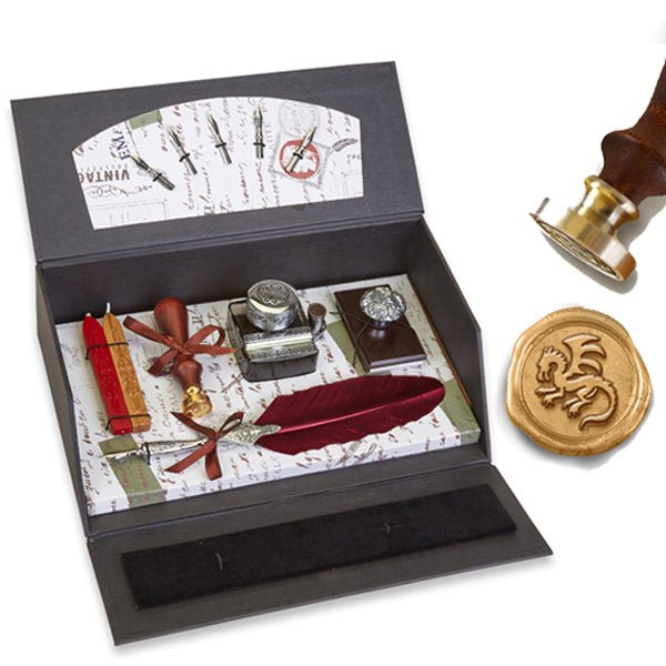 Quill Pen Writing Set Desk Box with Wax Seal Stamp, Sealing Wax, Inkwell with Holder, Blotter, Nibs and Burgundy Feather Quill