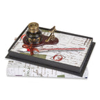 Glass Dip Pen and Pen Stand Desk Set – Oval Wood Stand with Bronze Holder, Glass Inkwell, and Shimmering Glass Pen