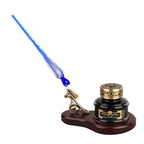 Glass Dip Pen and Pen Stand Desk Set – Oval Wood Stand with Bronze Holder, Glass Inkwell, and Shimmering Glass Pen