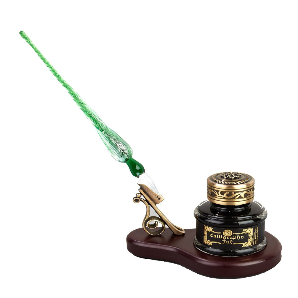 Glass Dip Pen and Pen Stand Desk Set – Oval Wood Stand with Bronze Holder, Glass Inkwell, and Shimmering Glass Pen