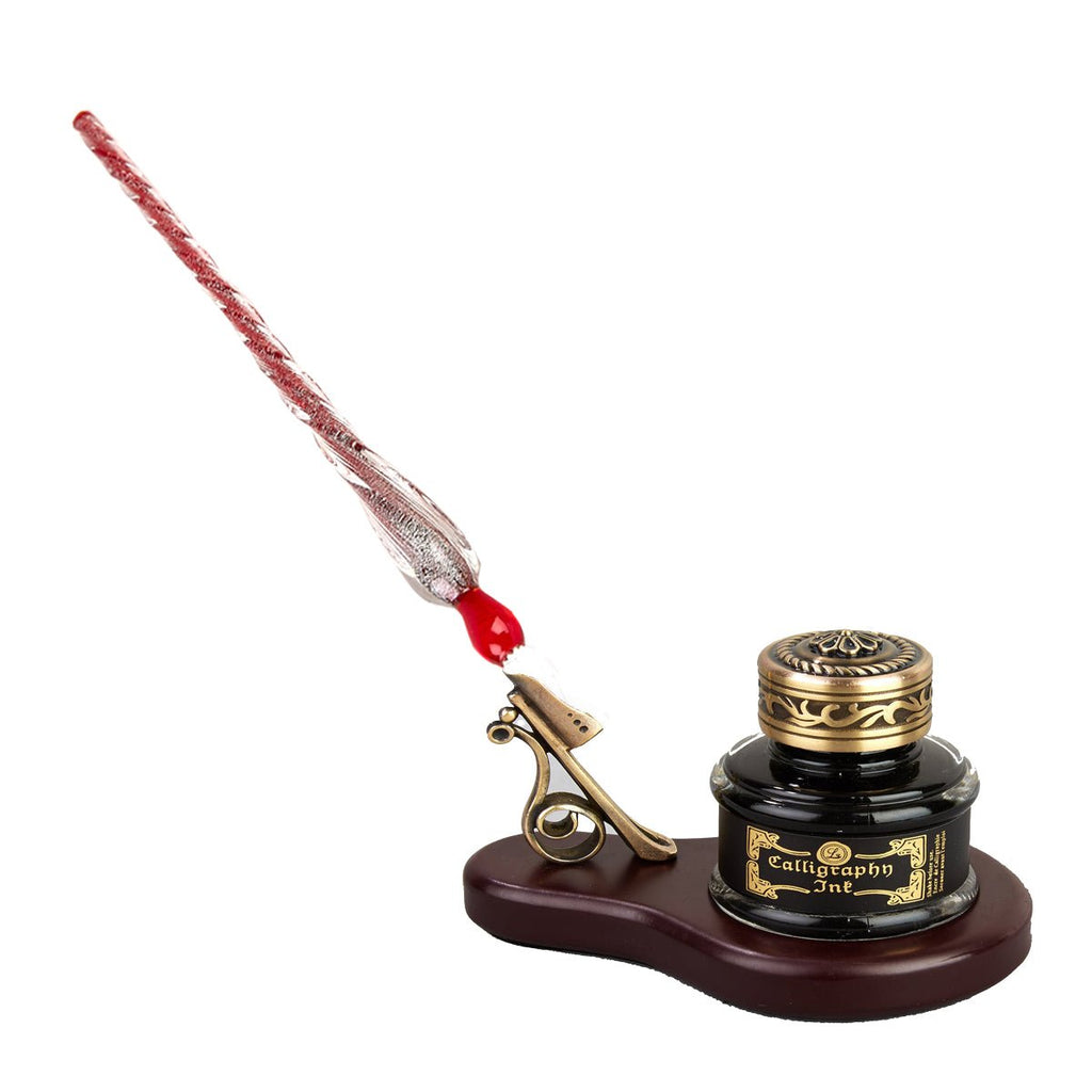 Glass Dip Pen and Pen Stand Desk Set – Oval Wood Stand with Bronze Holder, Glass Inkwell, and Shimmering Glass Pen
