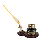 Glass Dip Pen and Pen Stand Desk Set – Oval Wood Stand with Bronze Holder, Glass Inkwell, and Shimmering Glass Pen