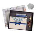Florentine Note Card Writing Set with Envelopes, Mehndi Flower Wax Stamp with Vintage Handle and Blue and Silver Sealing Wax - Blue Classica