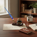 Glass Dip Pen and Pen Stand Desk Set – Oval Wood Stand with Bronze Holder, Glass Inkwell, and Shimmering Glass Pen