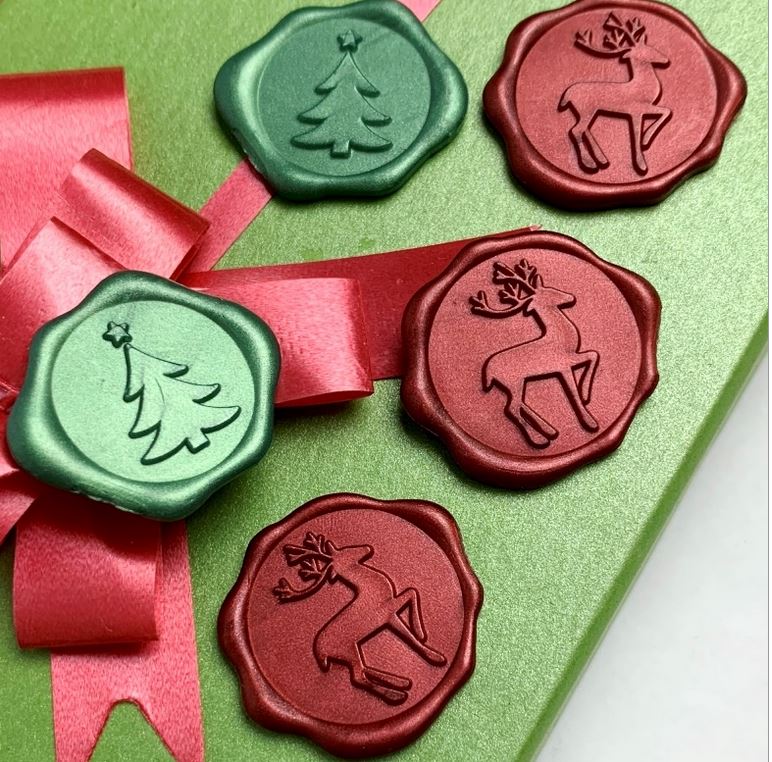 Christmas Adhesive Wax Seals 25Pk Quick-Ship Stickers - 1" -Assorted: Green Tree, Crimson Reindeer & Silver Snowflake
